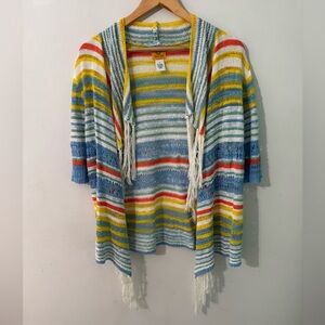 Ruby Rd. Yellow Blue Red Striped Fringed Open Cardigan
